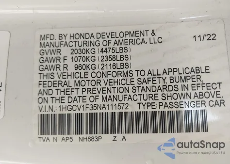 2022 Honda Accord Sport from USA, damaged, VIN 1HGCV1F35NA111572